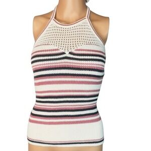 Candies Crochet Knit Striped Halter Crop Top XS Pink Black White